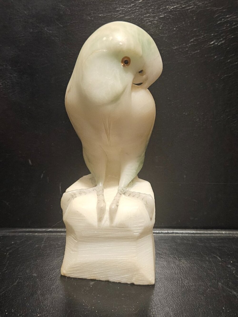 Carved White and Green Alabaster Parrot